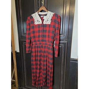 Vintage Sunshine Starshine Red Plaid Long Sleeve Size 12 Dress, Cottage Core,